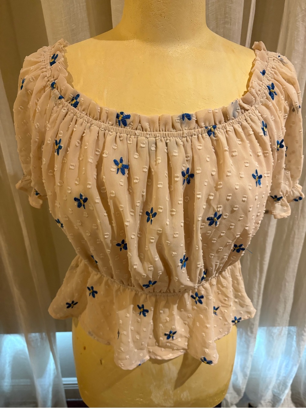 Endless Rose Cream Peasant Top with Blue Floral Embroidery